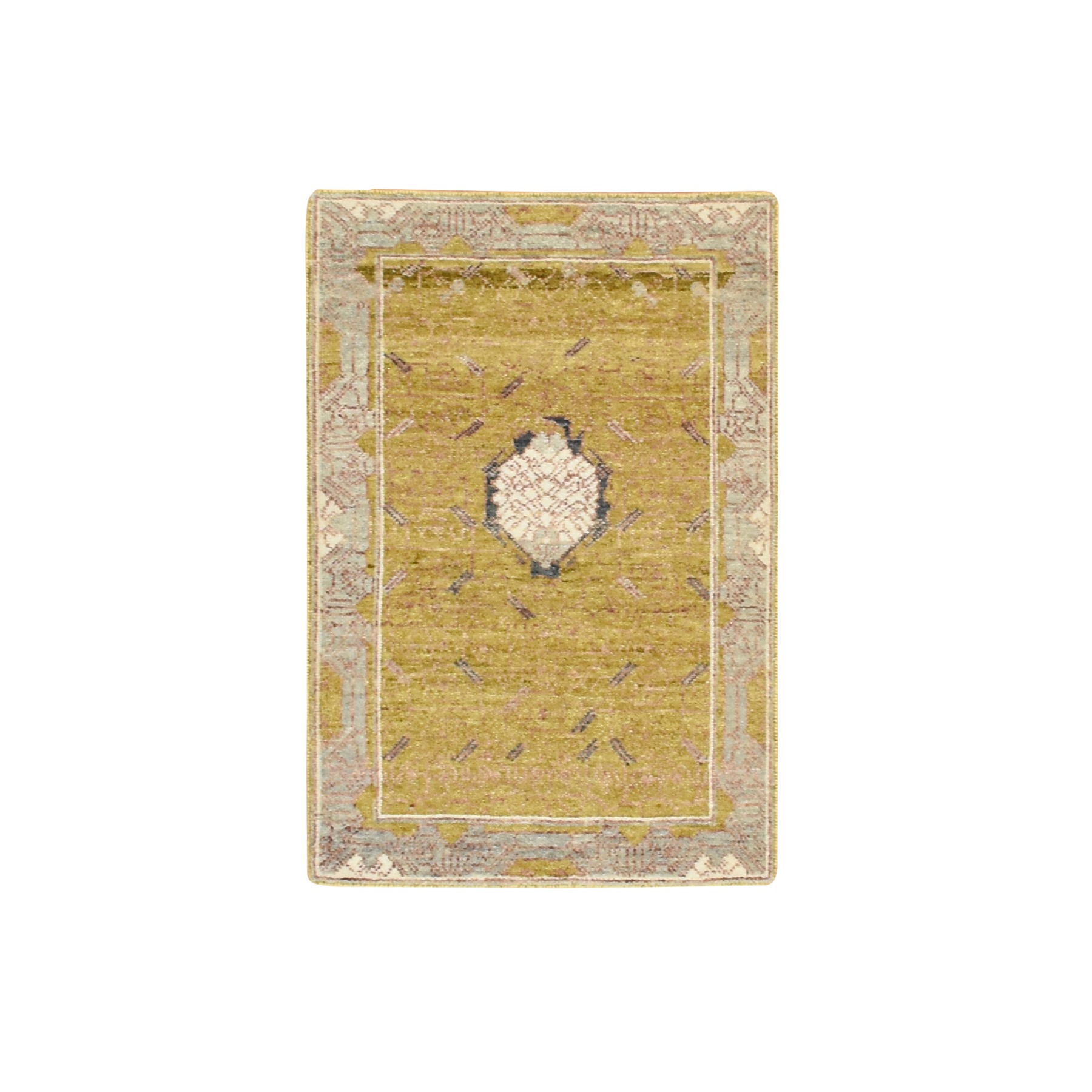 2'1"x3'1" Golden Yellow, Pinecone Design, Hand Knotted, Pure Wool, Shaved Low, Densely Woven, Mat, Sample, Oriental Rug 